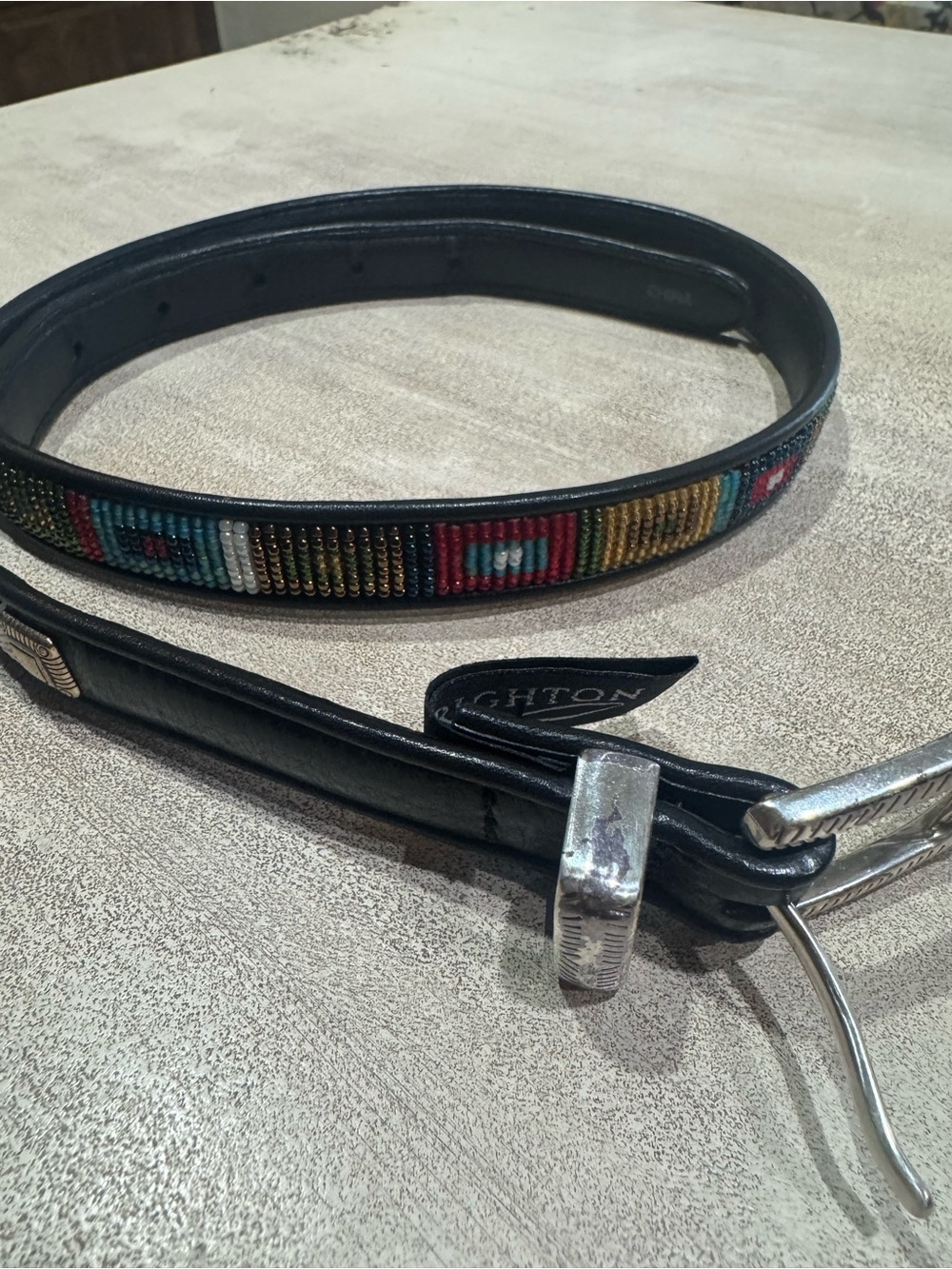 Brighton Beaded Black Leather Skinny Belt Size Small  Southwestern Gorgeous